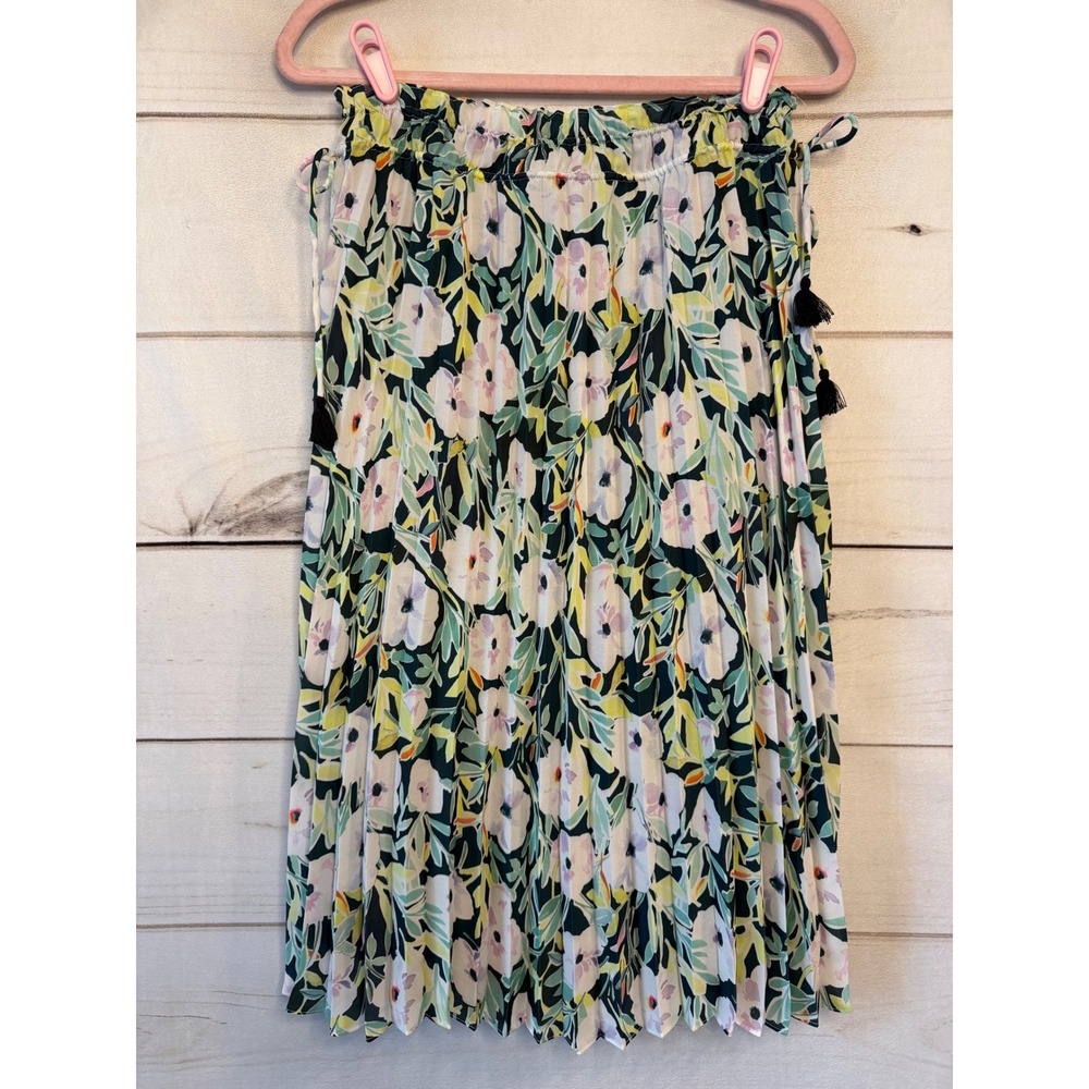 Saylor Floral Pleated Midi Skirt Tassel Paperbag Waist Green Lavender Small